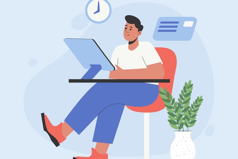 Illustration einer Lehrperson am Bürotisch.