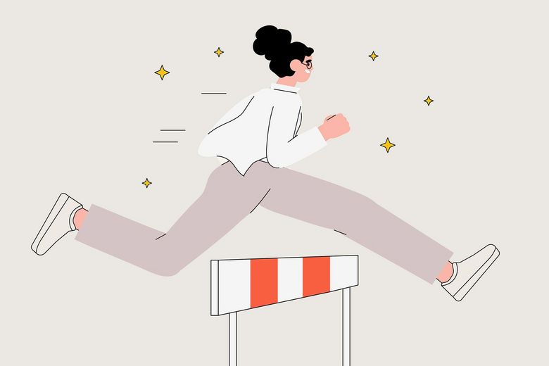 1990136903 Character overcome obstacles to succeed in her work concept. Obstacles or motivation to solve problem and lead company achievement, businesswoman jump over hurdle race obstacle vector illustration.