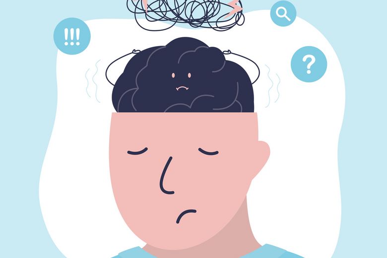 Confused, anxious and stressed brain. Character sleeping, but mind with nervous problem feels anxiety and confusion. Concept of mental disorder and chaos in consciousness. Confused, anxious and stressed brain. Character sleeping, but mind with nervous problem feels anxiety and confusion. Concept of mental disorder and chaos in consciousness.